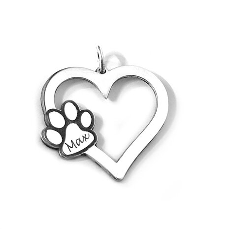zilveren hart met hondenpootje met naam
